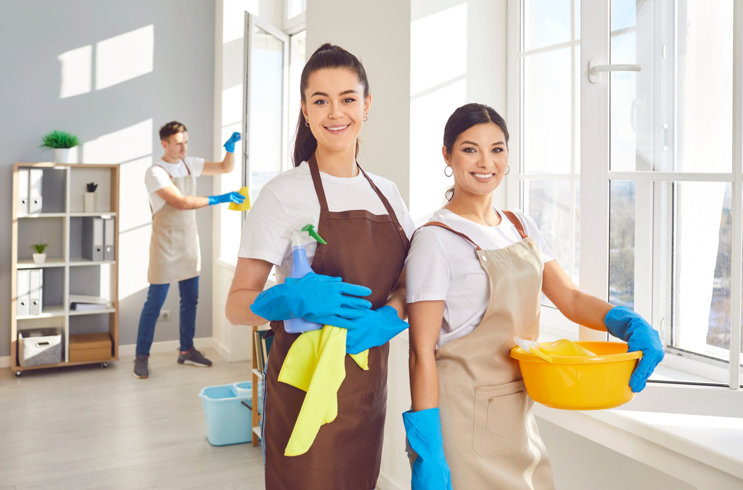 Cleaning Company Diligently Cleans Up Room Two Women Posing With Smiles. Professionalism Dedication Exemplify Importance Of Regular Cleaning Services Ensuring Cleanliness Hygiene Cleaning Company.
